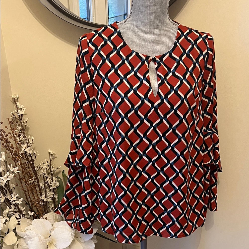 She+Sky Rust Geometric Women's Bell Sleeve Blouse.  Size Small